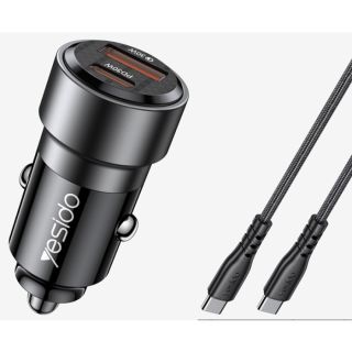 Yesido Car Charger 1x USB-A 1x USB-C 60 Watt with USB-C to USB-C Braided Cable