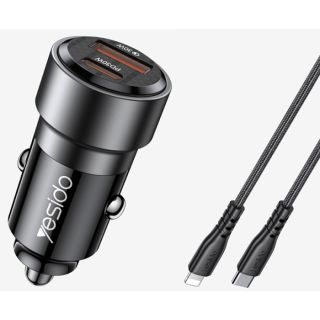 Yesido Car Charger 1x USB-A 1x USB-C 60 Watt with USB-C to Lightning Braided Cable
