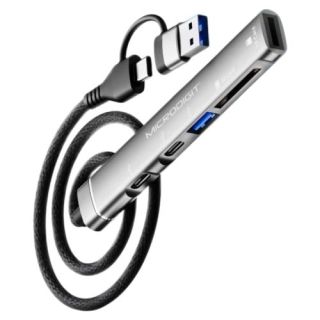 Microdigit USB-A & USB-C Hub x5 Ports x2 USB-C & 1x USB-A & SD & MicroSD TF Cards with 50cm Cable